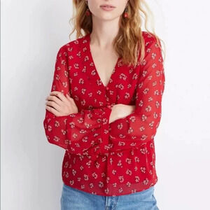 MADEWELL Red V-Neck Peplum Top in Little Lilies, Popover Blouse, Smocked Back, S